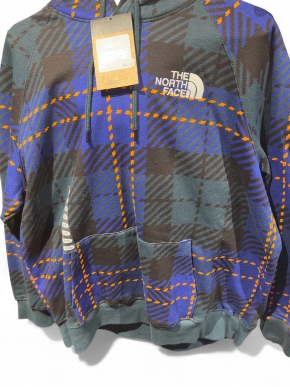 The North Face Men's Blue, Dark Green & Orange Plaid Pullover Hoodie